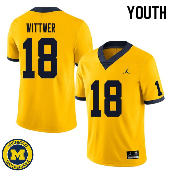 Youth University of Michigan #18 Max Wittwer Yellow Embroidery Football Jersey